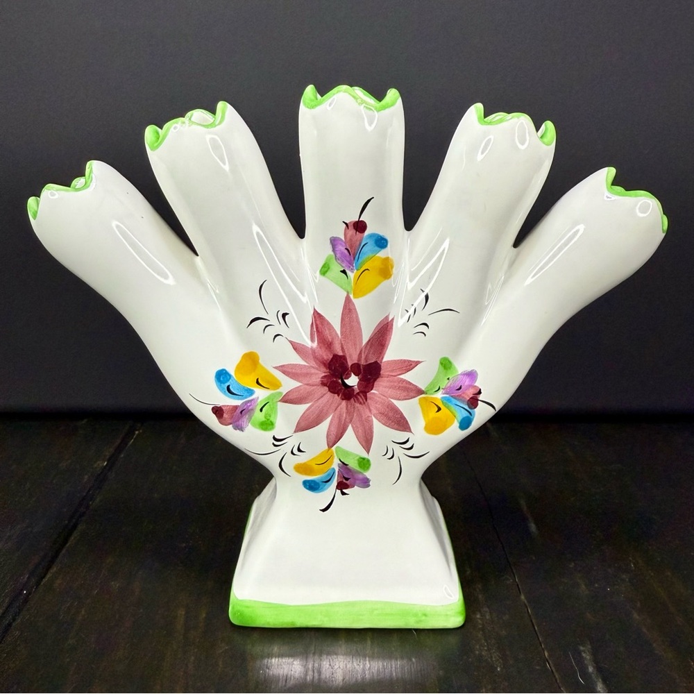 5 Finger Floral Ceramic Hand Painted Vase Vestal Made In Portugal